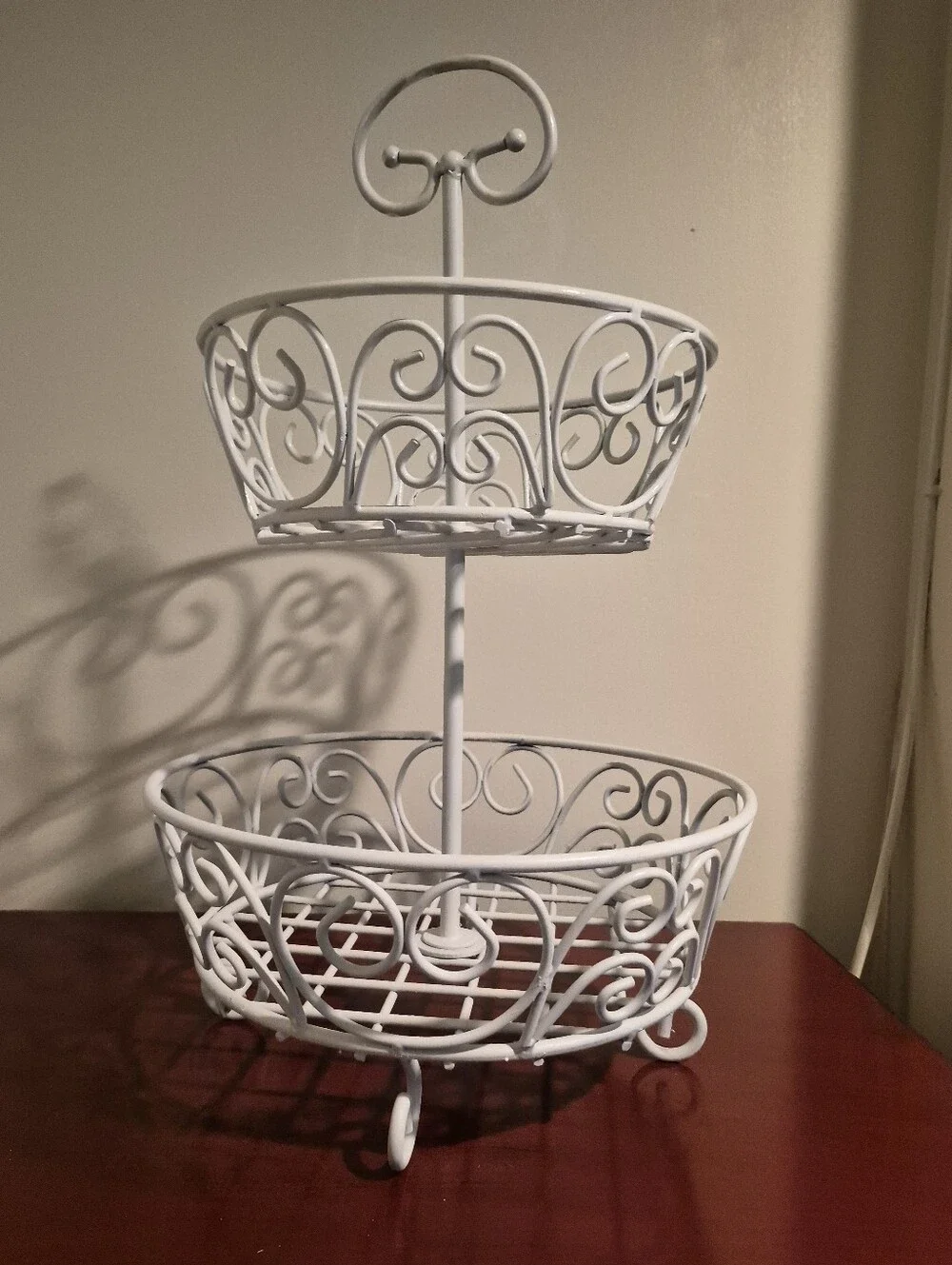 White Metal Scrollwork Princess  2-Tiered Basket Fruit Bowl Holder Decor